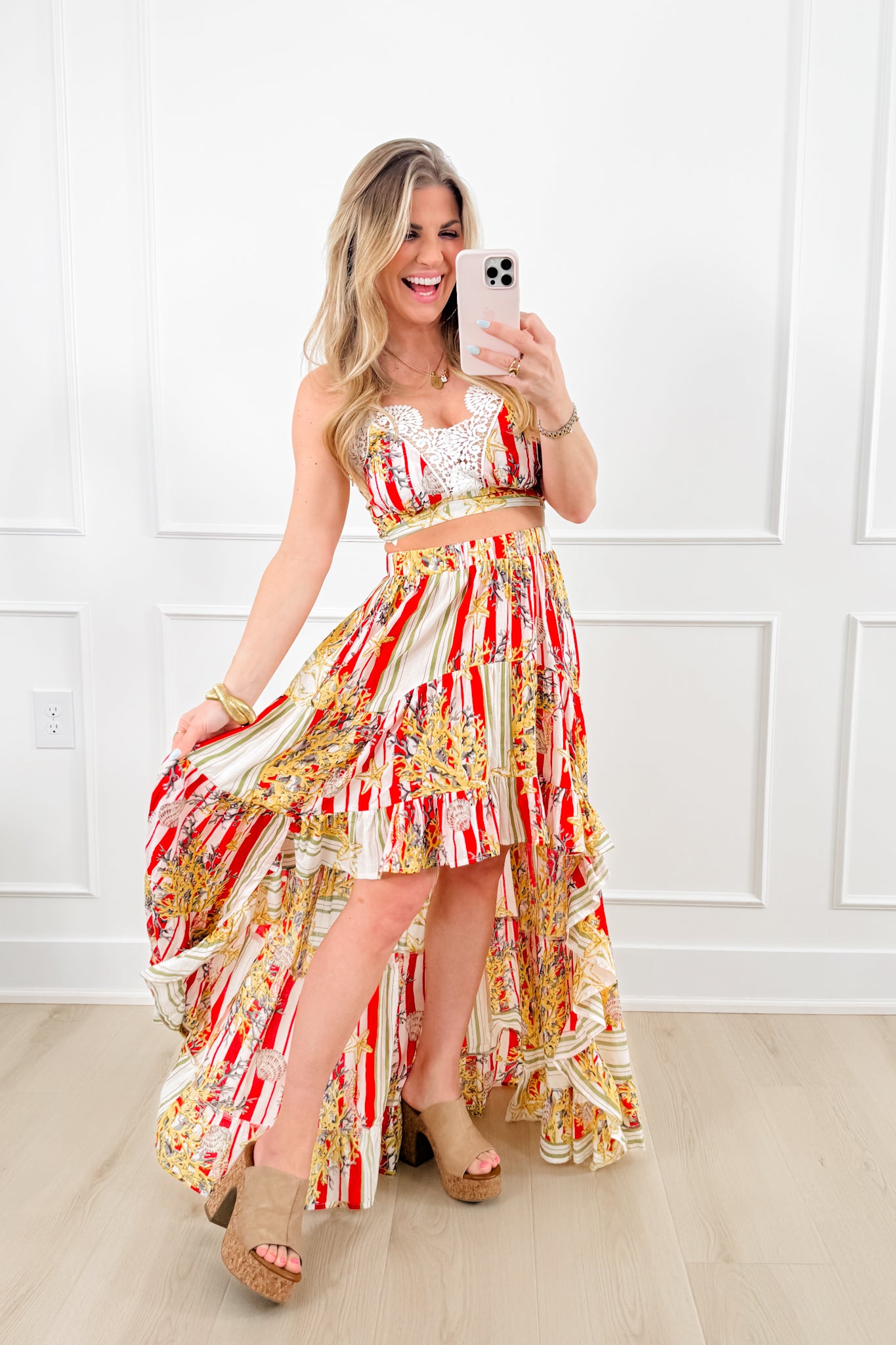 POL Stripe & Floral Print Bralette Top with High Low Skirt Set