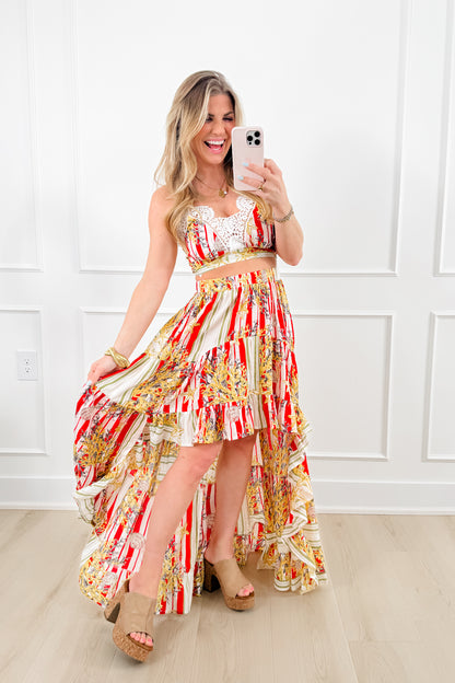 POL Stripe & Floral Print Bralette Top with High Low Skirt Set