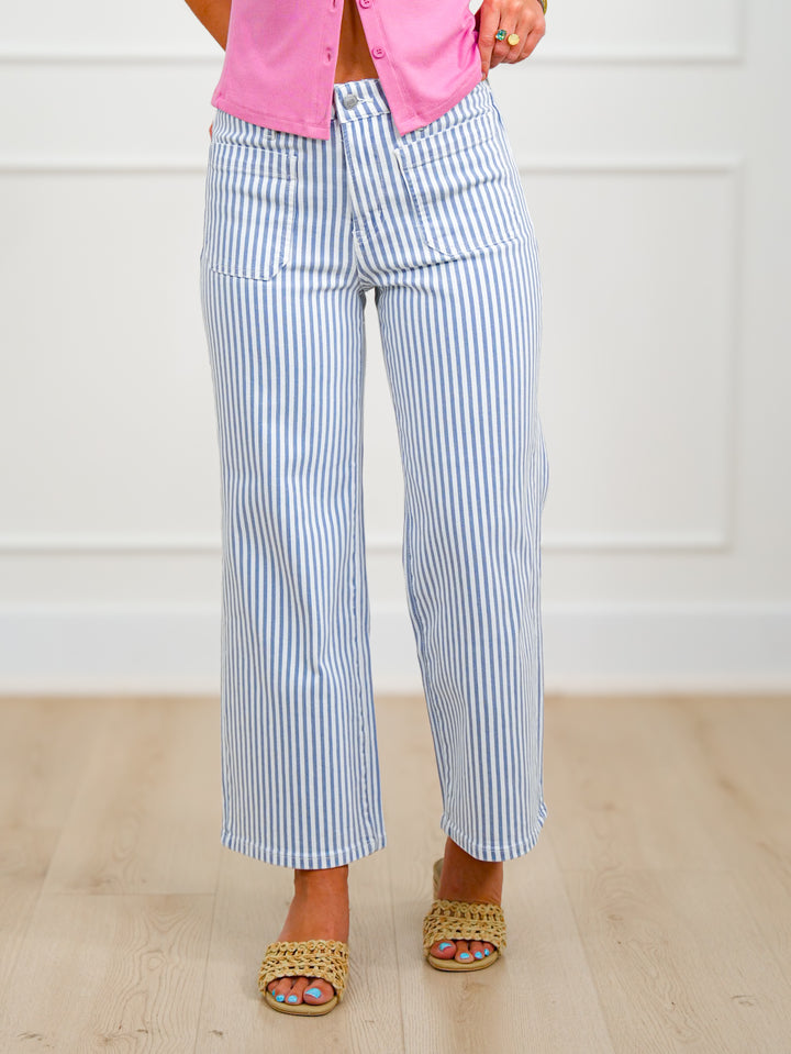 Mica Coastal Charm High Rise Blue and White Striped Cropped Wide Leg Jeans