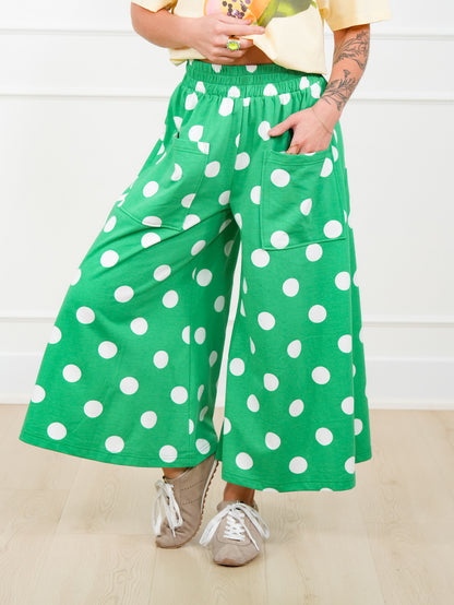 Plus/Reg Green Polka Dot Elastic Waist Wide Leg Pants