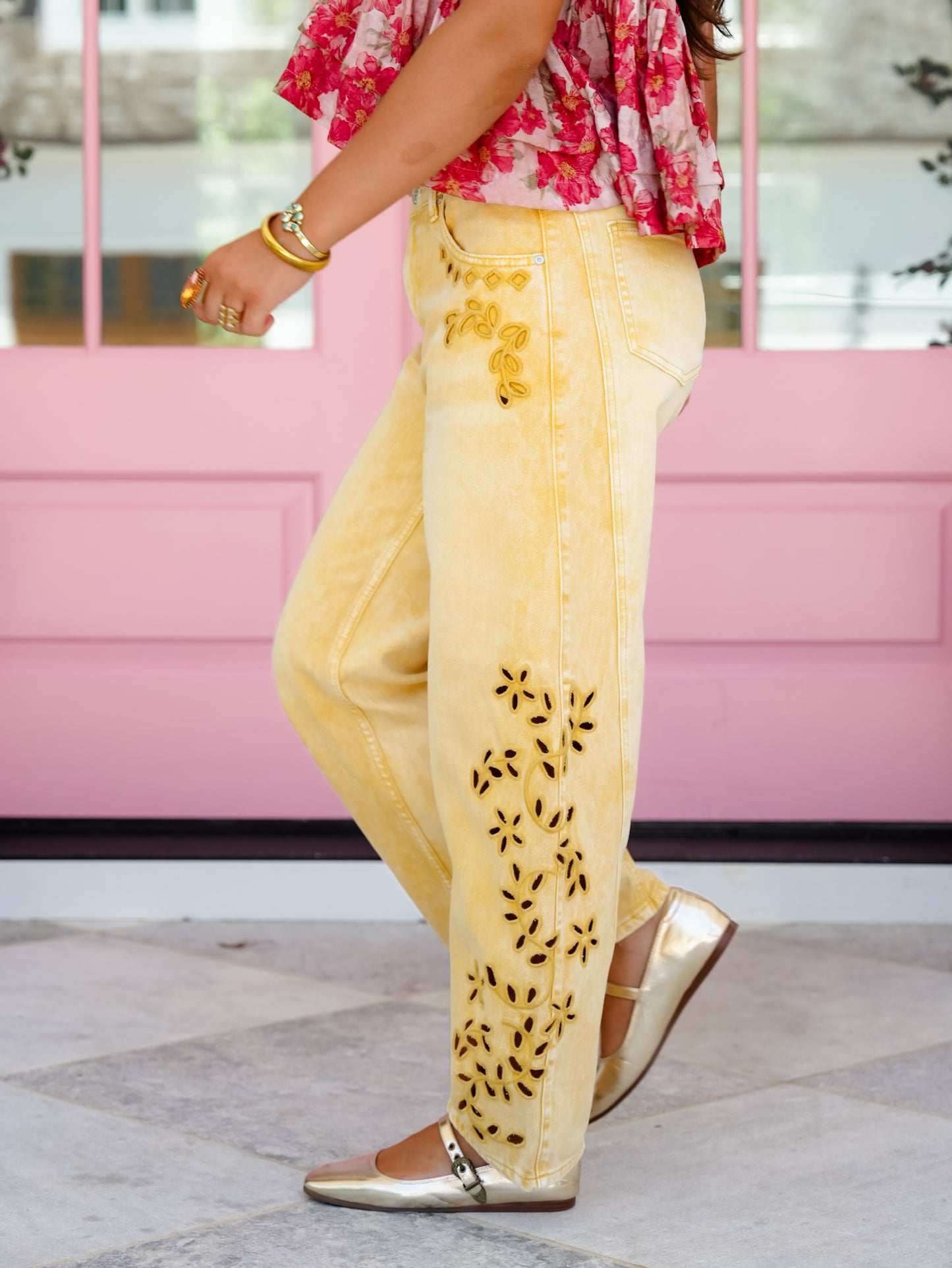 Saige High Rise Yellow Tummy Control Barrel Jeans With Eyelet Embroidery