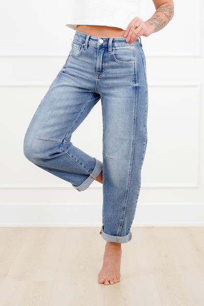 Restock! Risen The Hollis Rise Medium Wash Boyfriend Cuffed Barrel Jeans
