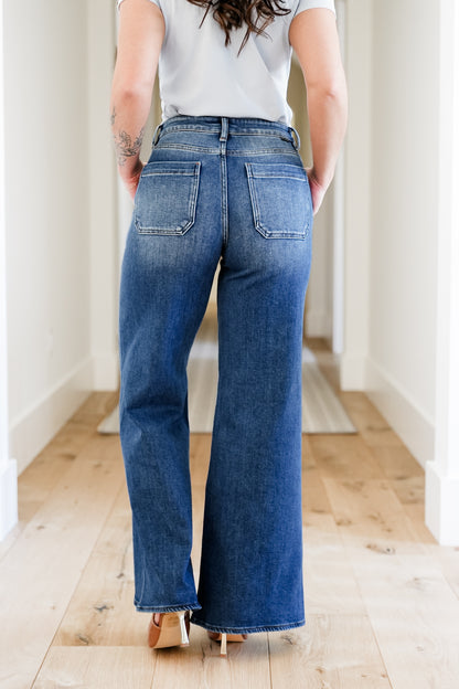 Risen High Rise Dark Wash Wide Leg Jeans with Front Yoke Seam
