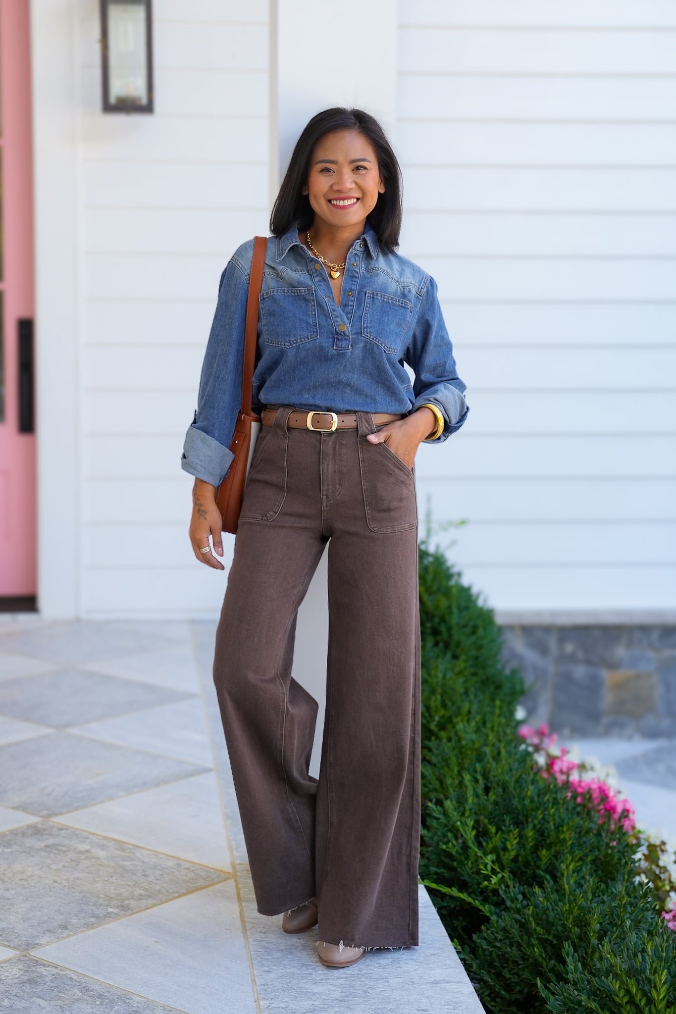 Judy Blue High Rise Brown Retro Wide Leg Jeans with Front Patch Pockets