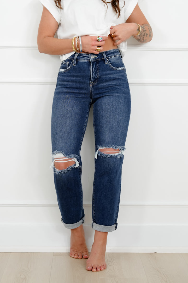 Risen High Rise Dark Wash Tummy Control Distressed Girlfriend Jeans