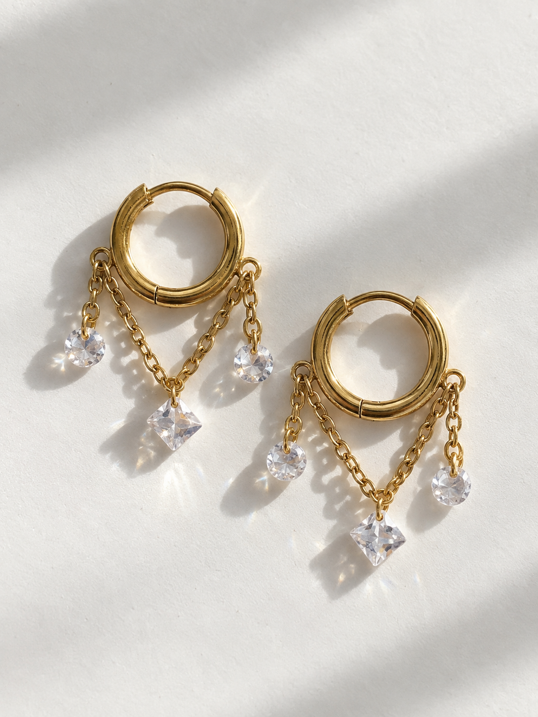 Tri Crystal Layered Chain Tassel Huggie Earrings
