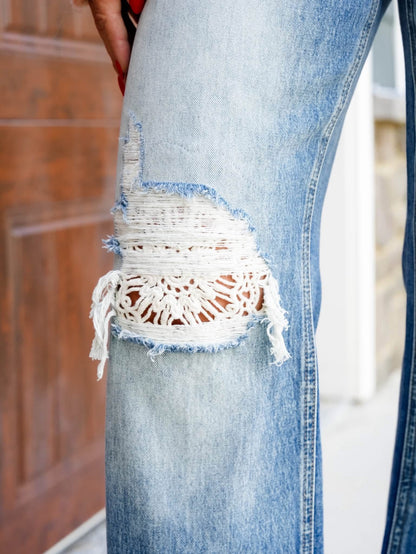 Saige High Rise Medium Wash Tummy Control Distressed Barrel Jeans With Crocheted Knee