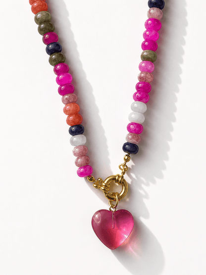 Multi Color Natural Stone Beaded Necklace with Heart Charm - Freckled Poppy