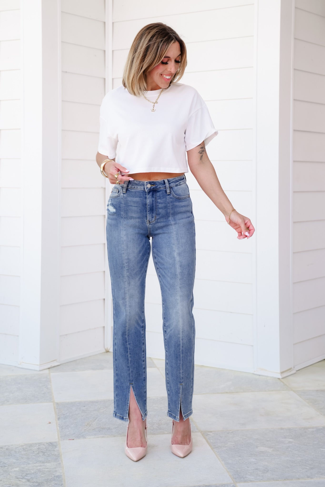 Judy Blue High Rise Medium Vintage Wash Straight Leg Jeans with Front Seam and Slit