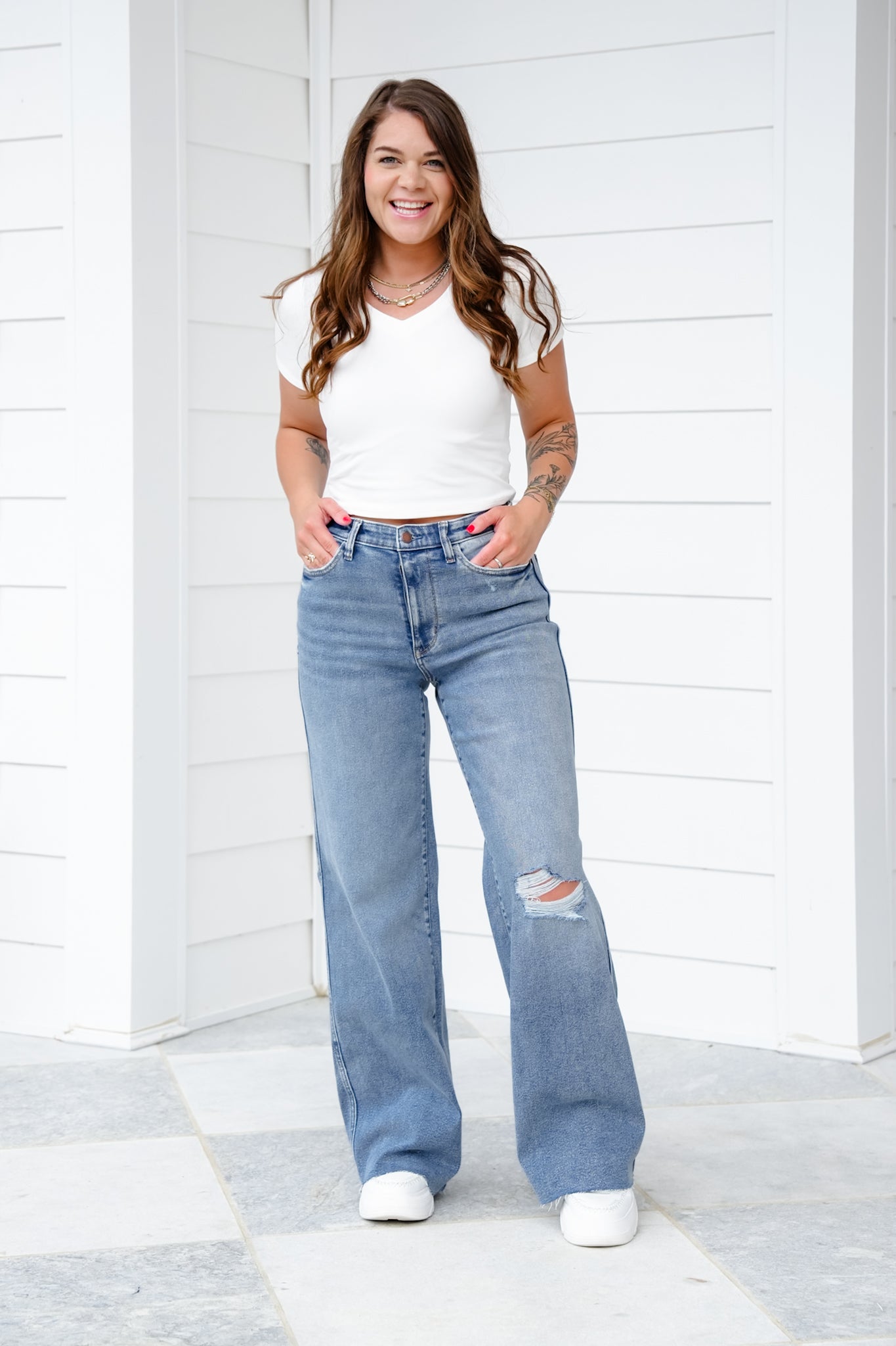 Judy Blue High Rise Medium Vintage Wash Distressed Wide Leg Jeans