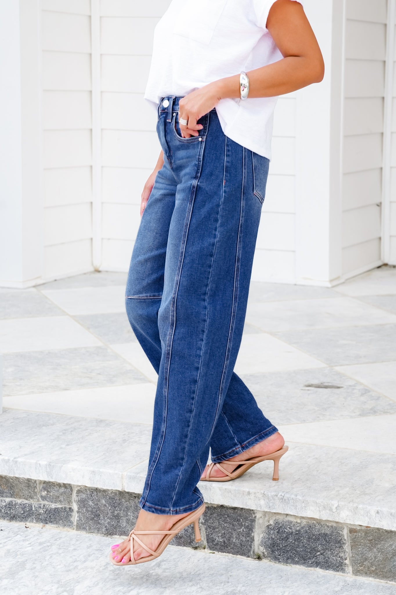 Risen High Rise Dark Wash Boyfriend Cuffed Barrel Jeans