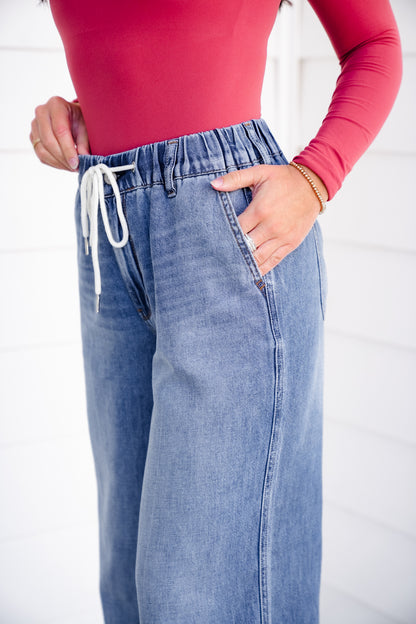 Judy Blue High Rise Dark Wash Elastic Waistband Featherweight Palazzo Jeans