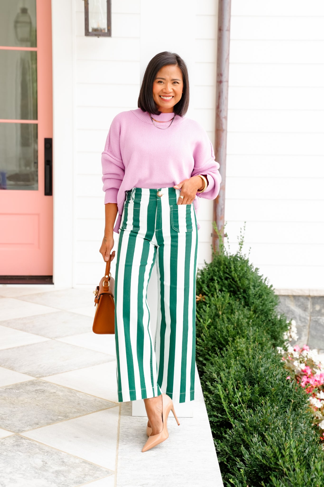 Mica High Rise Green and White Striped Cropped Wide Leg Jeans