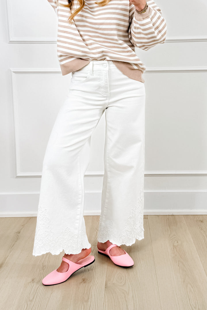 Risen High Rise Cream Wide Leg Embroidered Hem Jeans