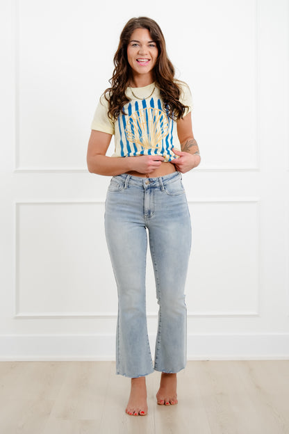 Judy Blue Mid Rise Light Wash Kick flare with Raw Hem
