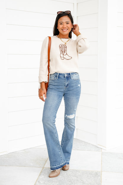 Restock Judy Blue Mid Rise Medium Wash Distressed Released Hem Bootcut Jeans