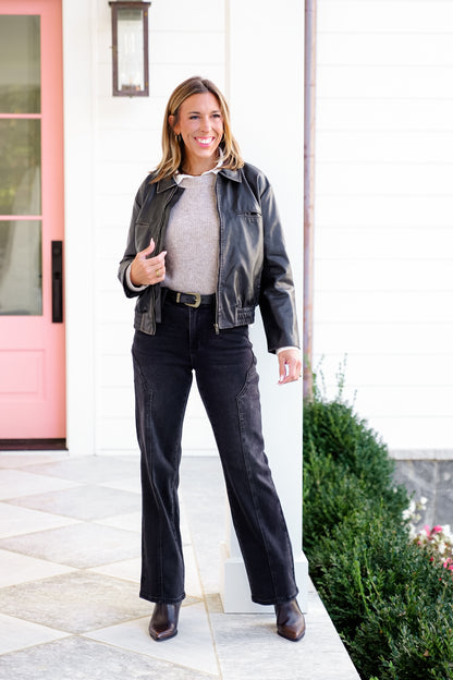 Judy Blue Mid Rise Black Straight Leg Jeans with Western Style Seam