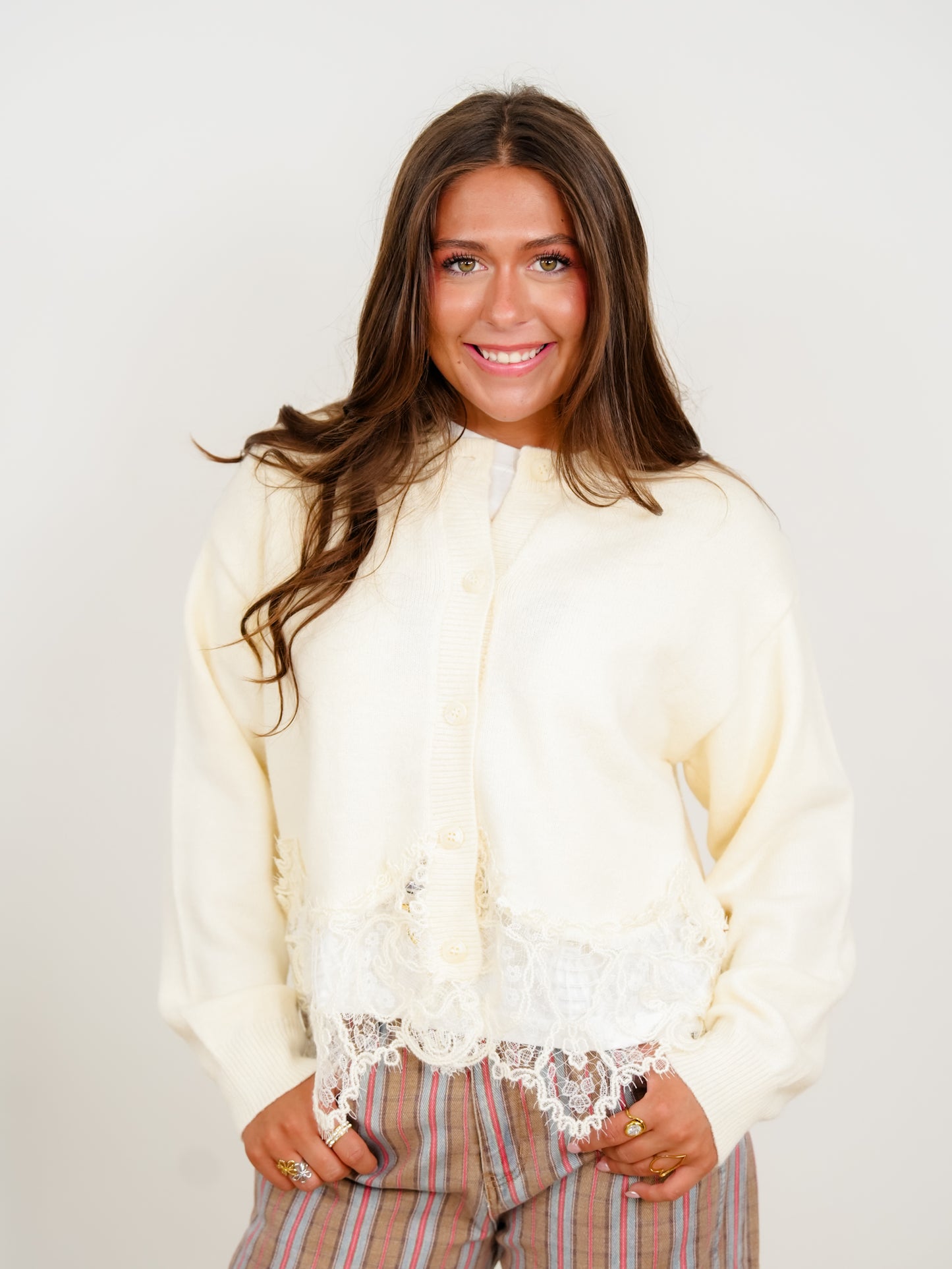 Long Sleeve Button Down Cardigan with Lace Trim