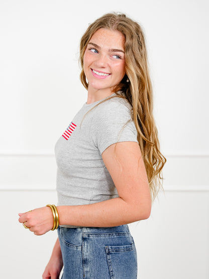 Short Sleeve Top with Embroidered American Flag Patch