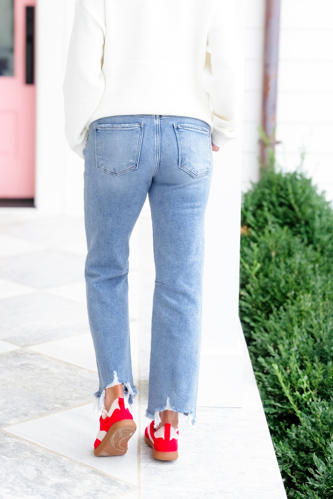 Risen High Rise Medium Wash Crop Straight Leg Jeans with Step Hem