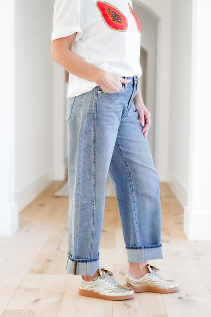 Mica High Rise Light Wash Barrel Jean with Cuffed Hem
