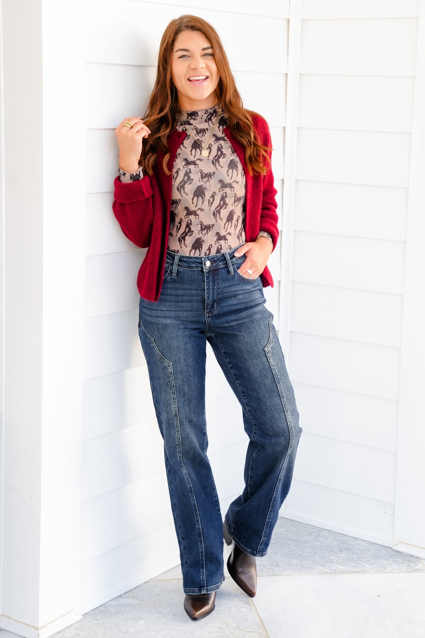 Judy Blue Mid Rise Dark Wash Straight Leg Jeans with Western Style Seam