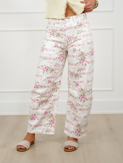 Floral Stripe Print Mid Rise Barrel Pants