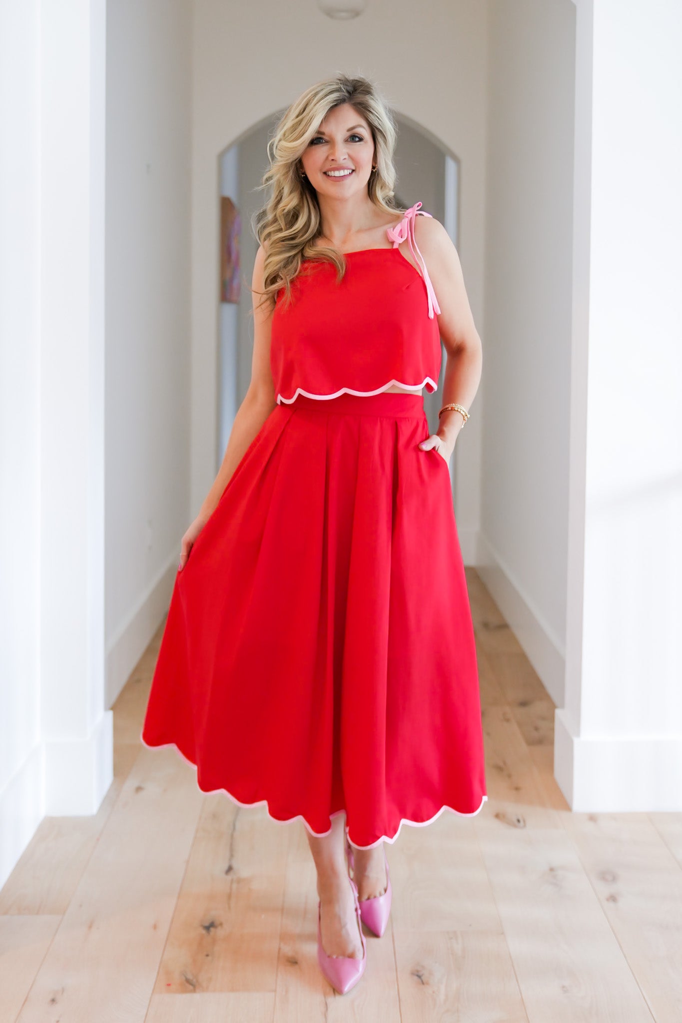 Solid Midi Skirt with Scallop Hem Detail