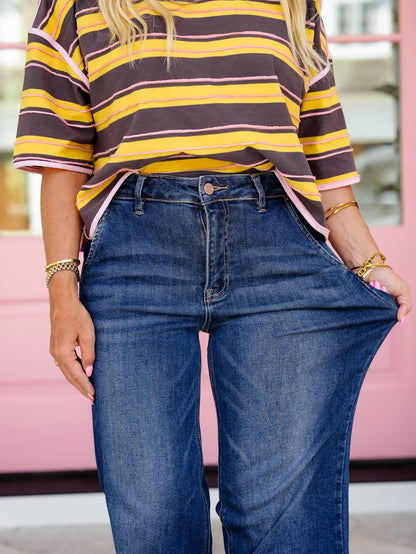 Risen High Rise Dark Wash Multiple Inseam Wide Leg Jeans With Slanted Pockets