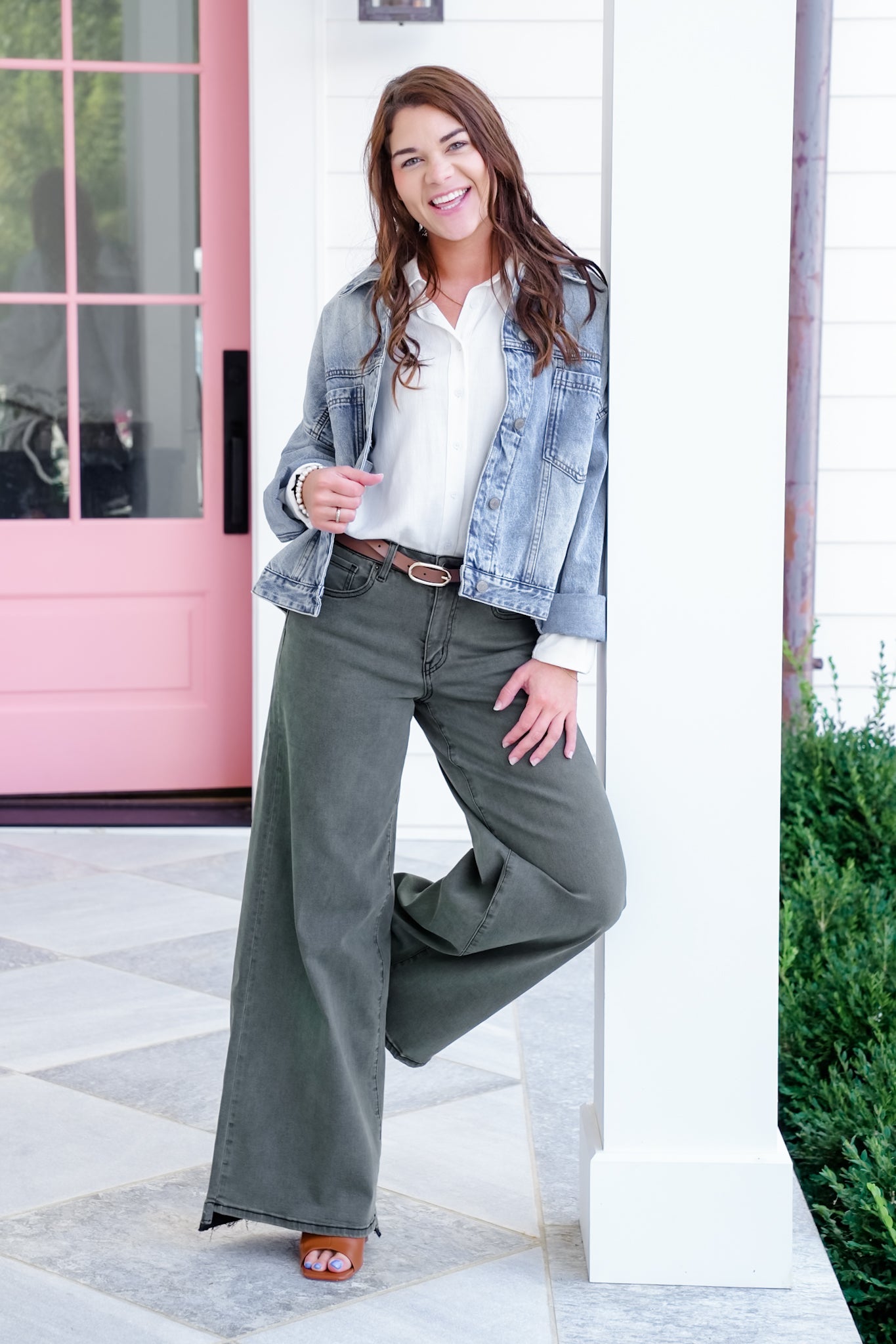 Mica High Rise Green Vintage Wash Wide Leg Jeans