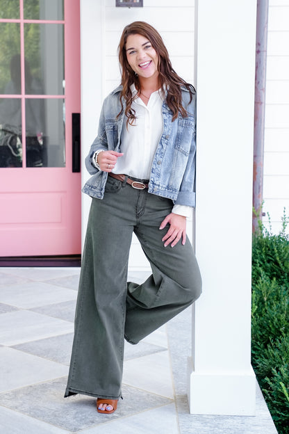 Mica High Rise Green Vintage Wash Wide Leg Jeans