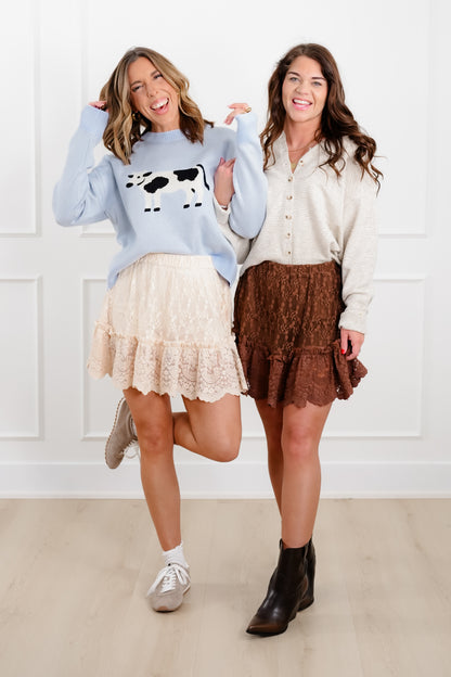 Plus/Reg Lace Elastic Waist Tiered Mini Skort