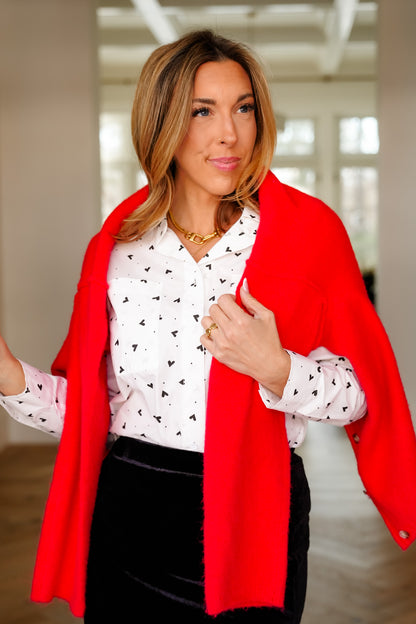 Plus/Reg Polka Dot and Heart Print Long Sleeve Button Down Top