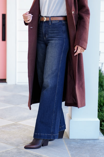 Judy Blue High Rise Dark Wash Tummy Control Retro Wide Leg Jeans with Welt Pockets