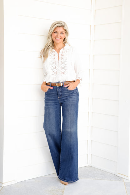 Risen The Opalite High Rise Dark Wash Tummy Control Palazzo Jeans
