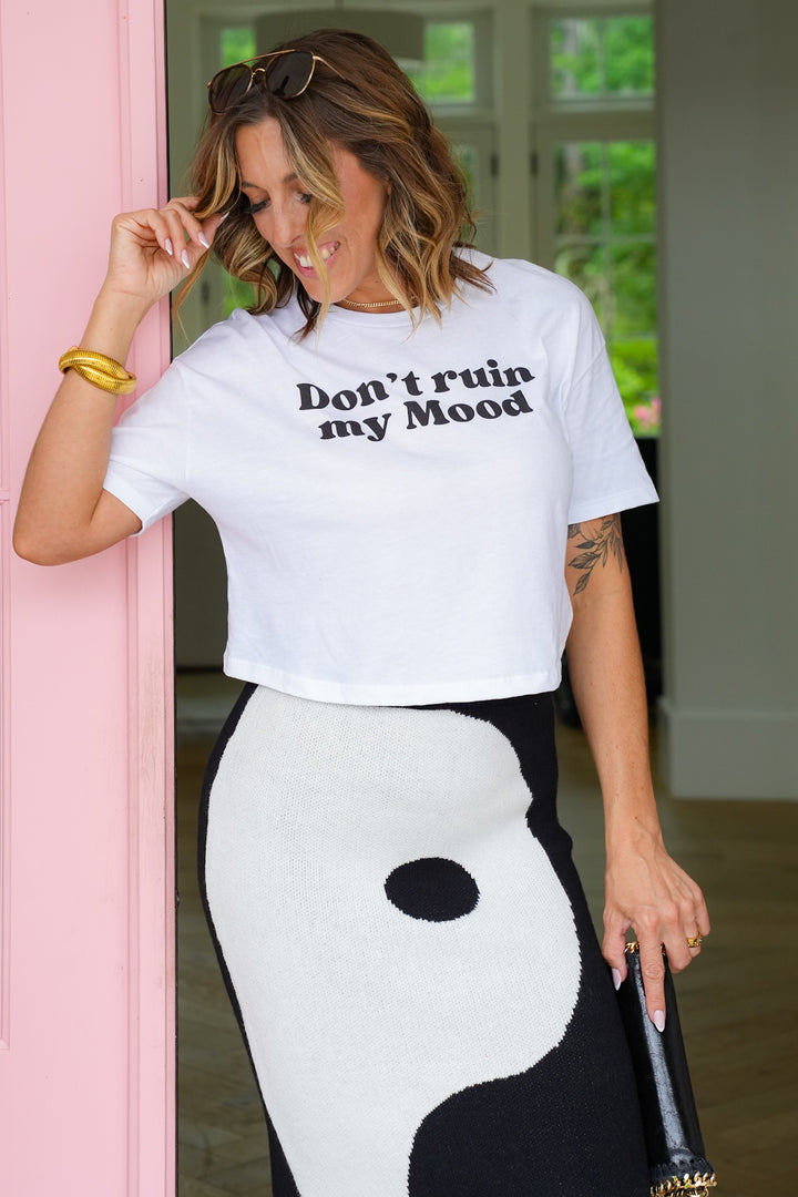 Plus/Reg White Short Sleeve "Don't Ruin My Mood" Cropped Graphic Tee