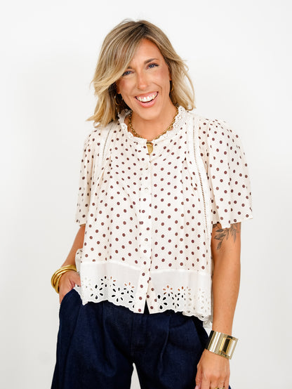 Polka Dot Short Sleeve Button Down Top with Eyelet Trim