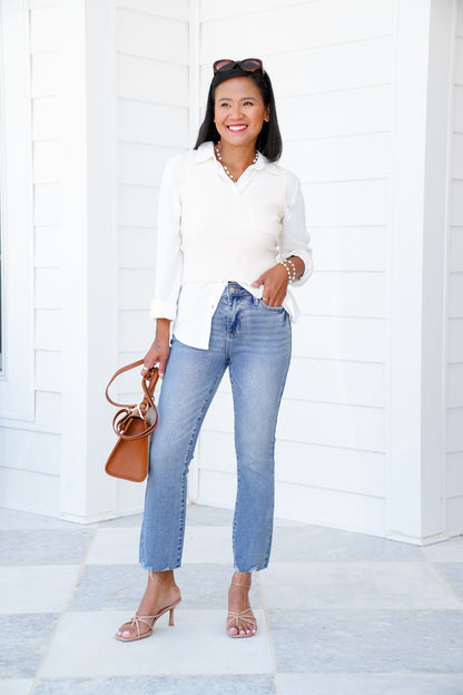 Judy Blue The Montauk Crop Mid-Rise Medium Wash Distressed Hem Kick Flare Jeans