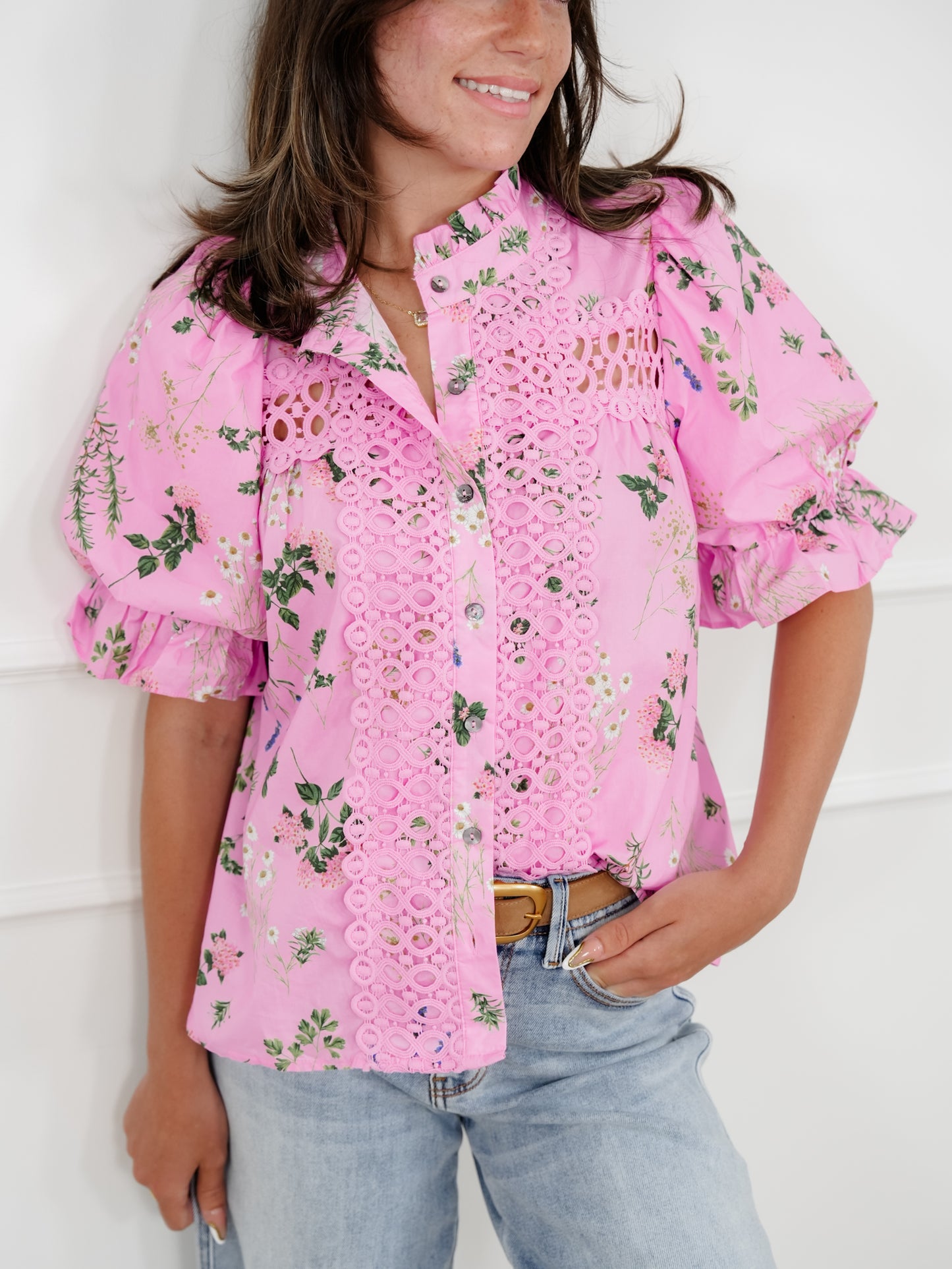 Floral Short Puff Sleeve Button Down Top with Lace Trim