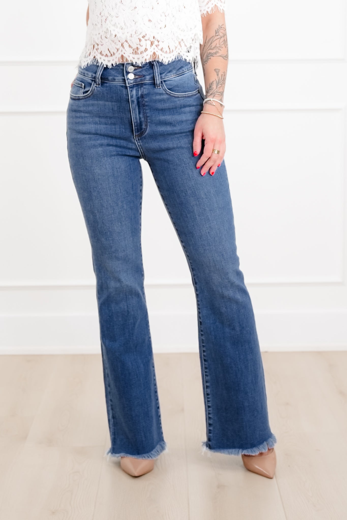 Judy Blue The Delilah High Rise Medium Wash Double Button Frayed Hem Bootcut Jeans
