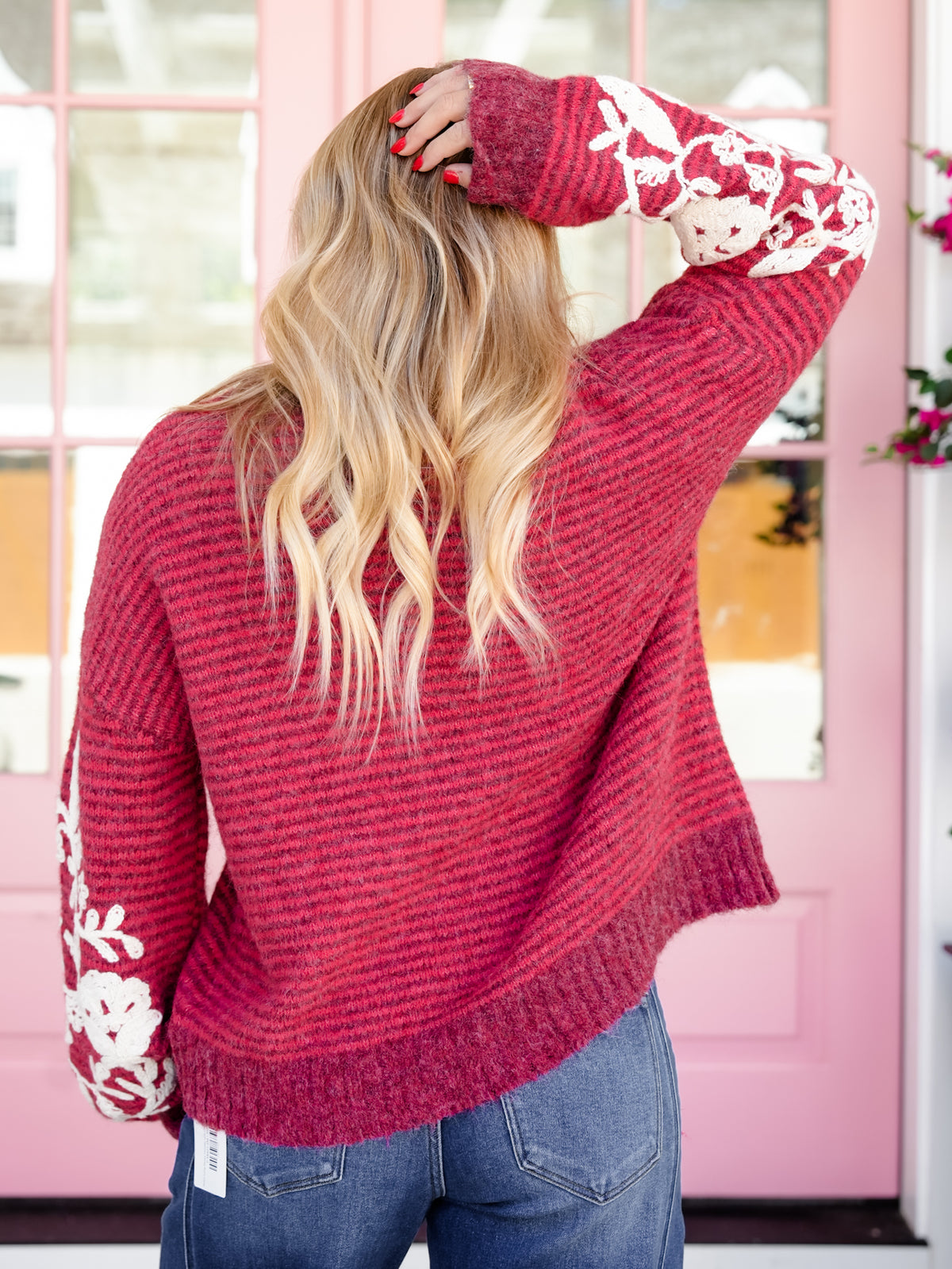 Stripe Long Sleeve Sweater with Floral Embroidery