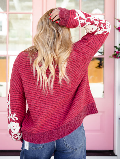 Stripe Long Sleeve Sweater with Floral Embroidery