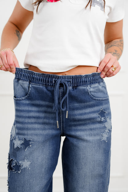 Risen Dark Wash Elastic Waistband Slouchy Barrel Star Patch Jeans