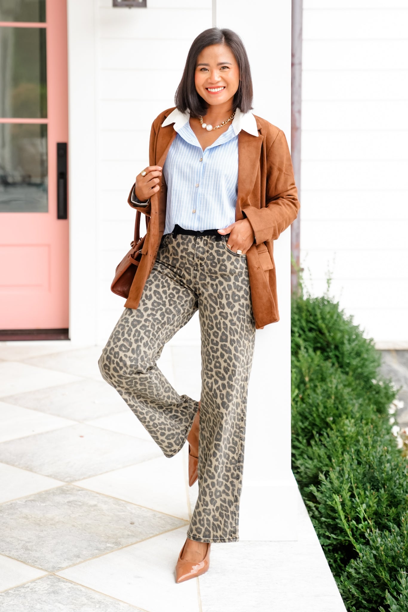 Risen High Rise Leopard Wide Leg Pants with Contrasting Waistband