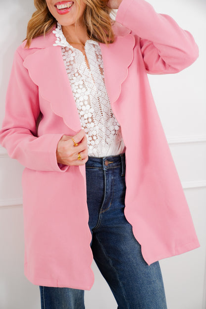 Pink Long Sleeve Open Jacket with Scalloped Edge