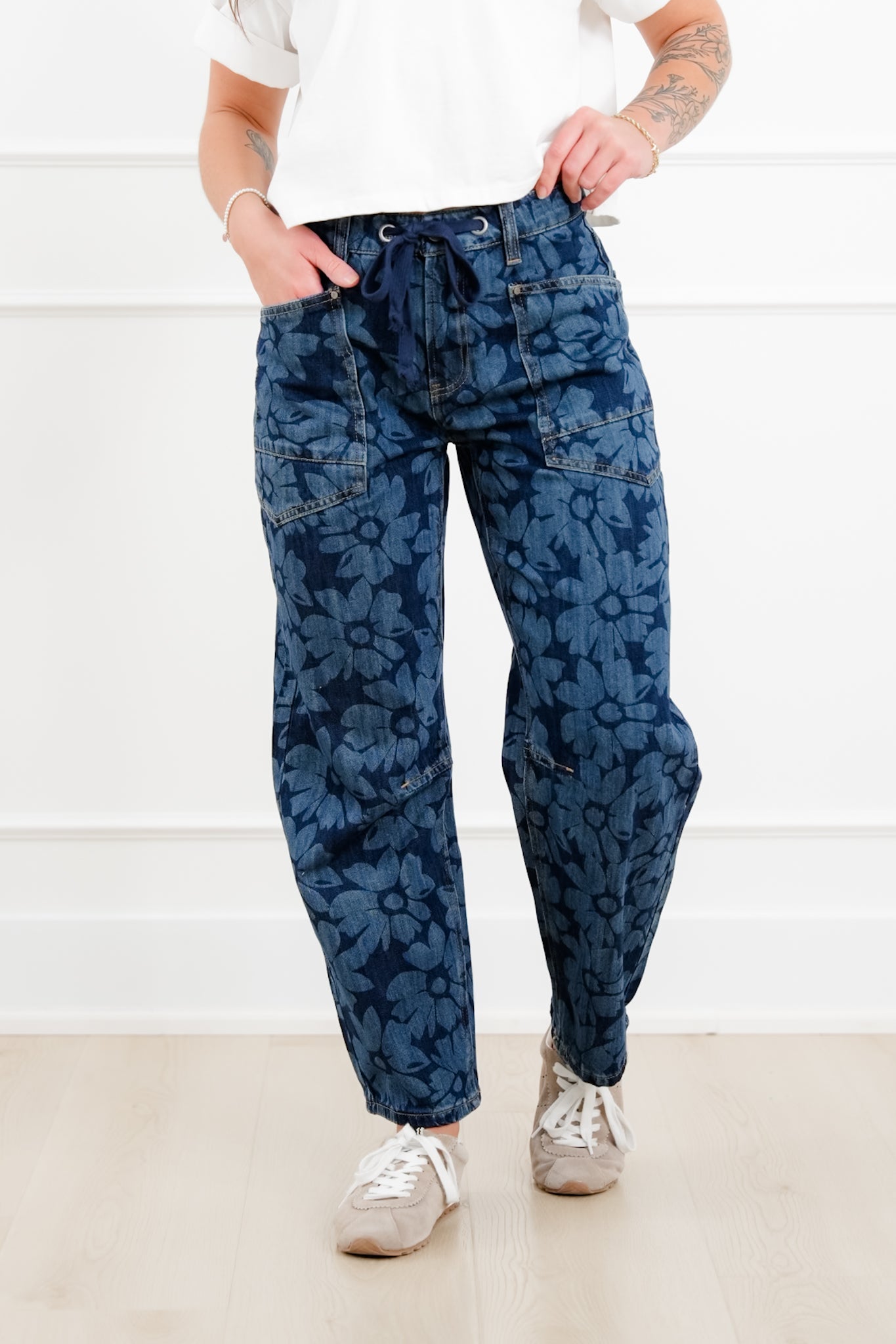 Risen Mid Rise Dark Wash Floral Relaxed Barrel Jeans