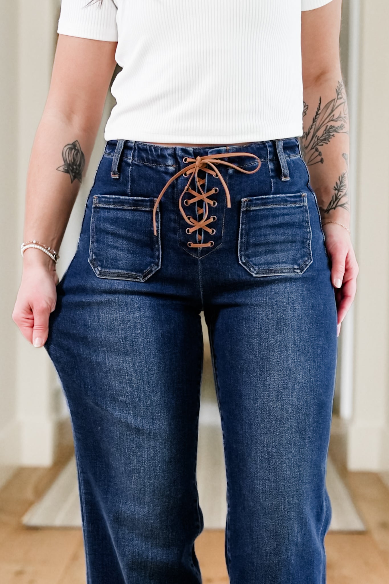 Risen High Rise Dark Wash Wide Leg Jeans with Front Tie