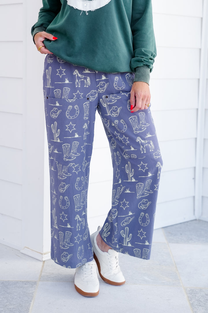 Western Print Pants with Patch Pockets