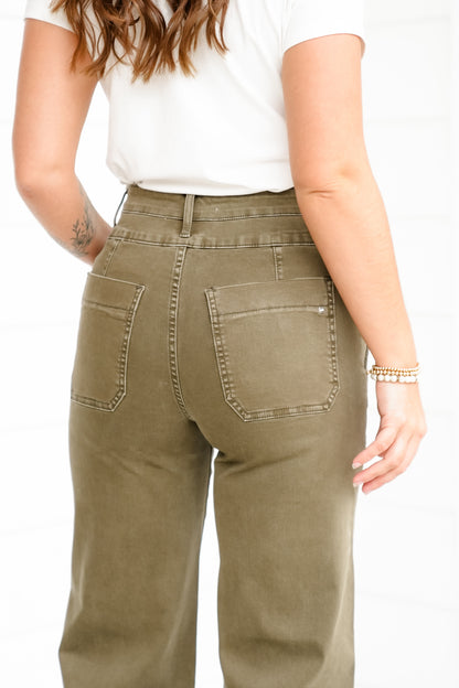 Mica High Rise Green Double Waistband Wide Leg Jeans