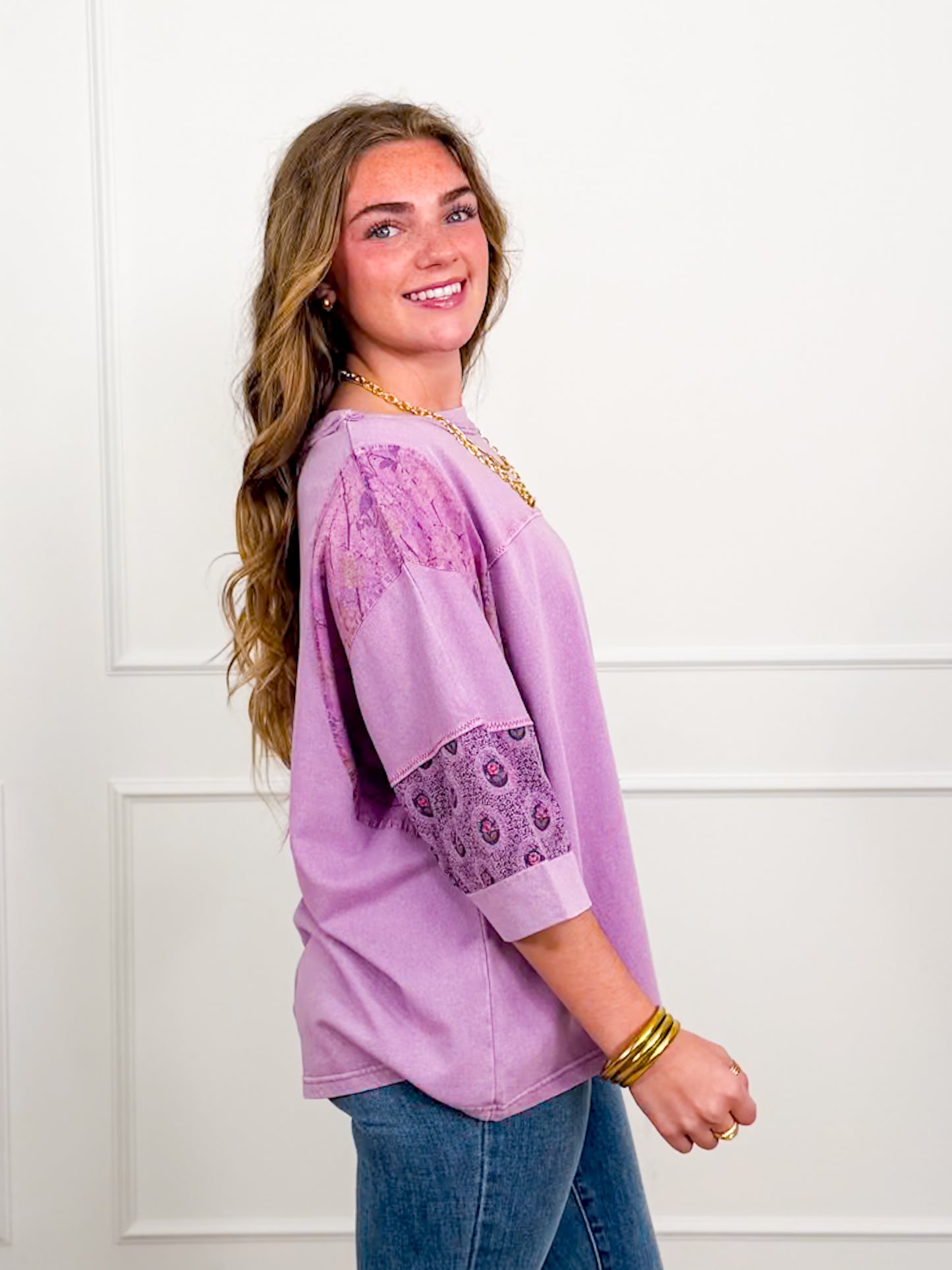 Mineral Wash Short Sleeve Top with Floral Print